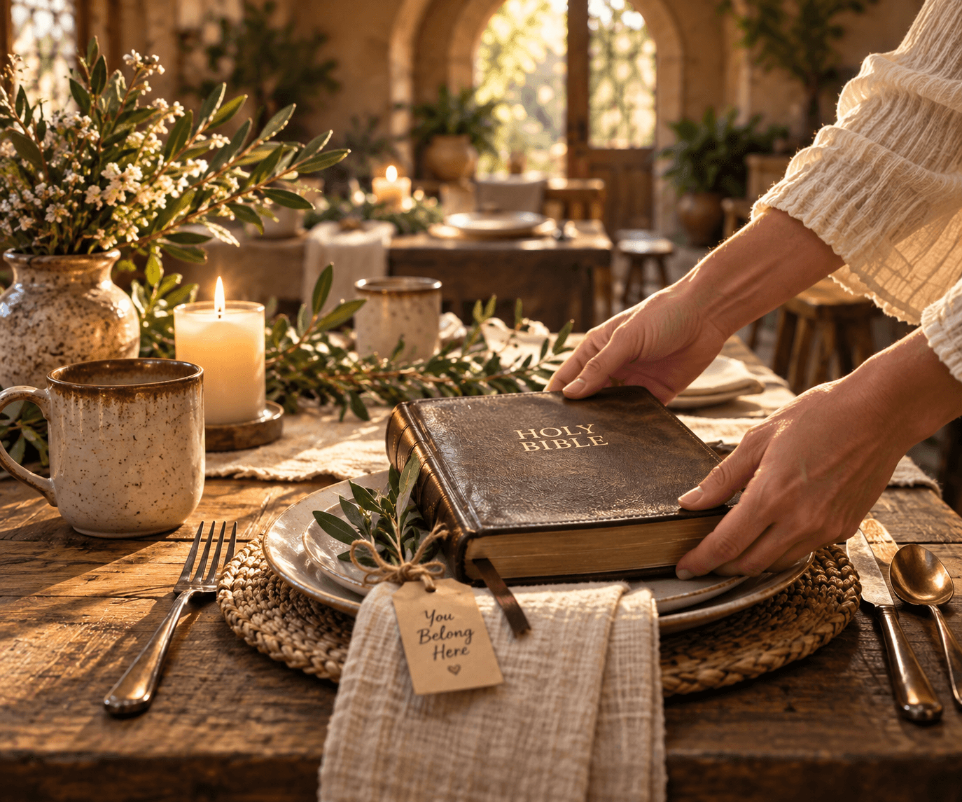 Hands placing a Bible at a welcoming table setting