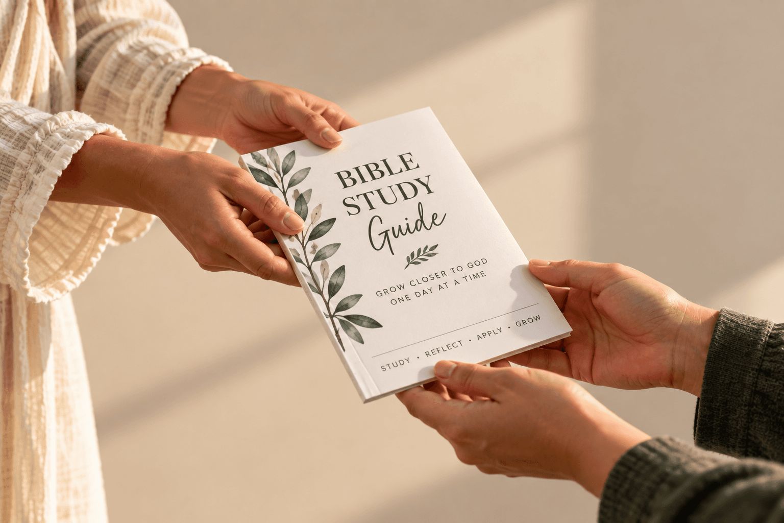 A creator handing a Bible study guide to another person