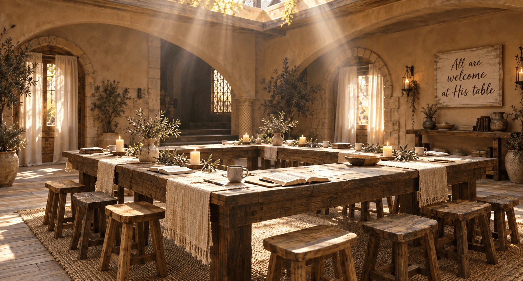 A welcoming communal table surrounded by stools, books, and warm sunlight